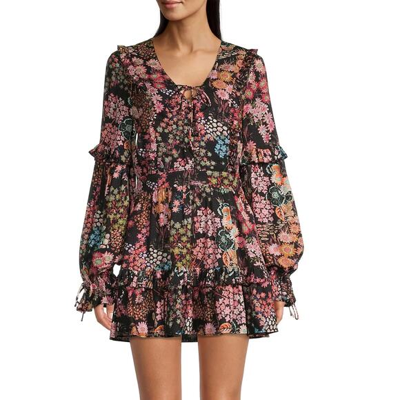 Ted Baker Hendria Ruffle-Trim Mini Dress Womens Size 4 Ted Size 1 Black Floral - Picture 1 of 14